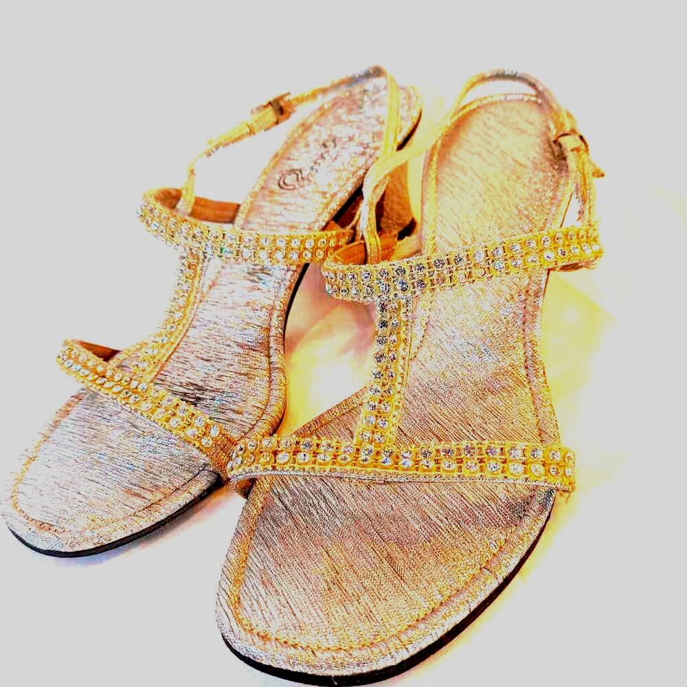 Ron's Hawaiian Women's Sandal Heel Metallic Rhinestone T-Strap Shoes 8.5 B